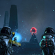 Selene and Selene shoot guns at a turret in Returnal's co-op mode.